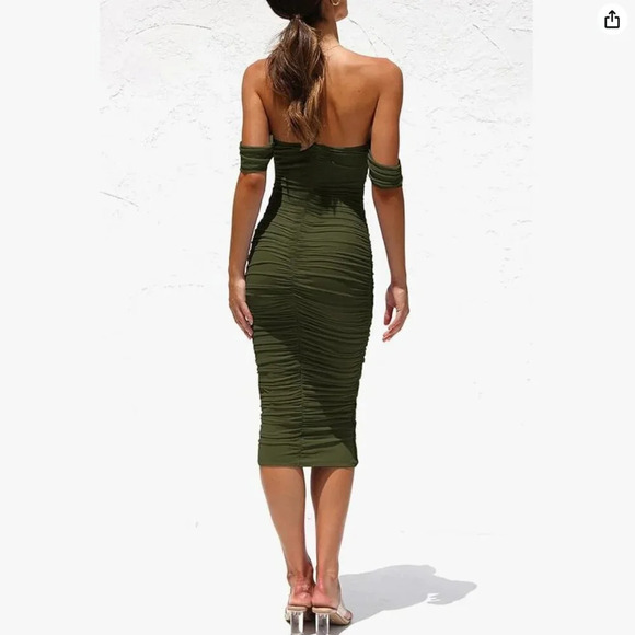 Pretty Garden Ruched Off Shoulder Midi Dress Olive Green  Size Medium - Picture 3 of 6